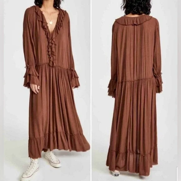 Free People Sweet Darling Long Sleeve Ruffle Dress in Brown -Boho -Size: S NWT! - Picture 3 of 11